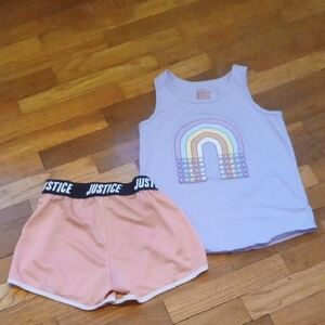 Justice Peach Mesh Shorts & Lavender Rainbow Tank girl large